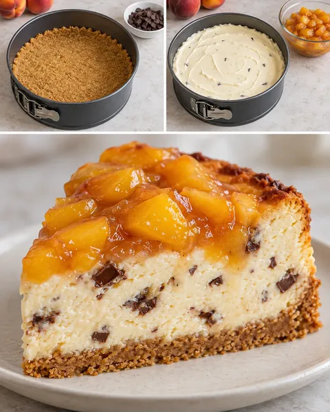 Cheesecake al forno — pesche, vaniglia, cioccolato fondente