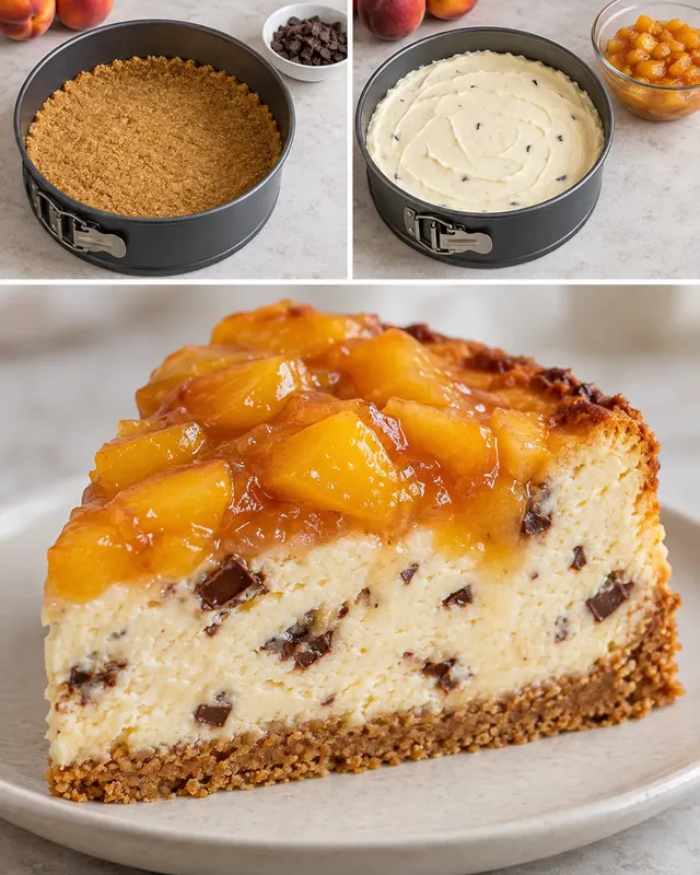 Cheesecake al forno — pesche, vaniglia, cioccolato fondente