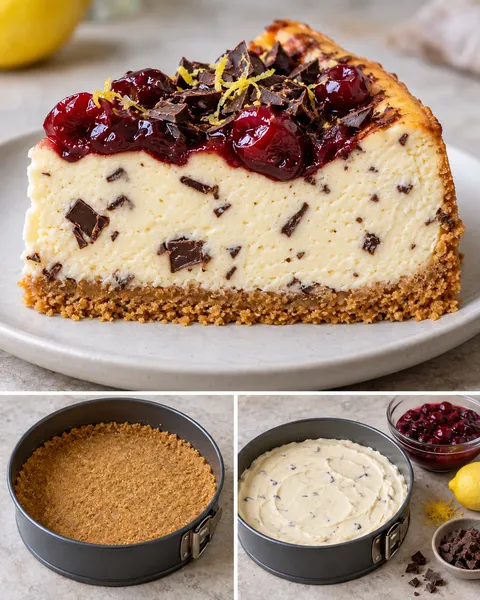 Cheesecake al forno — amarene, limone, cioccolato fondente