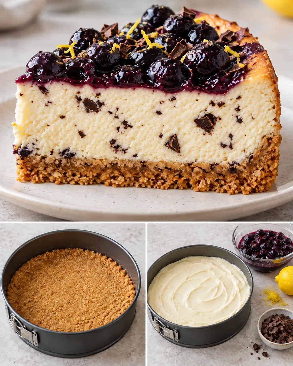 Cheesecake al forno — mirtilli, limone, cioccolato fondente