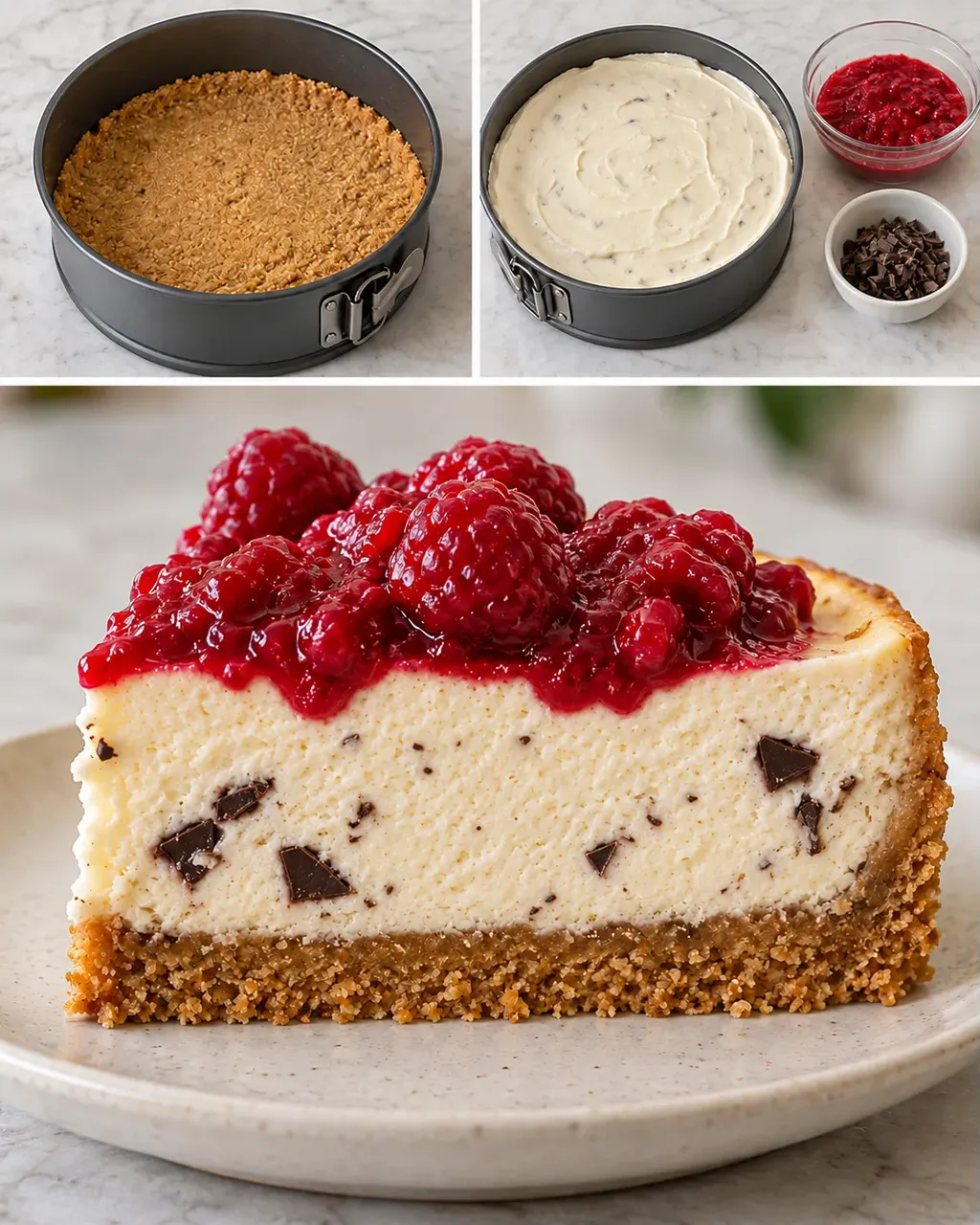 Cheesecake al forno — lamponi, vaniglia, cioccolato fondente