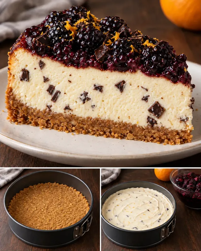 Cheesecake al forno — more, arancia, cioccolato fondente
