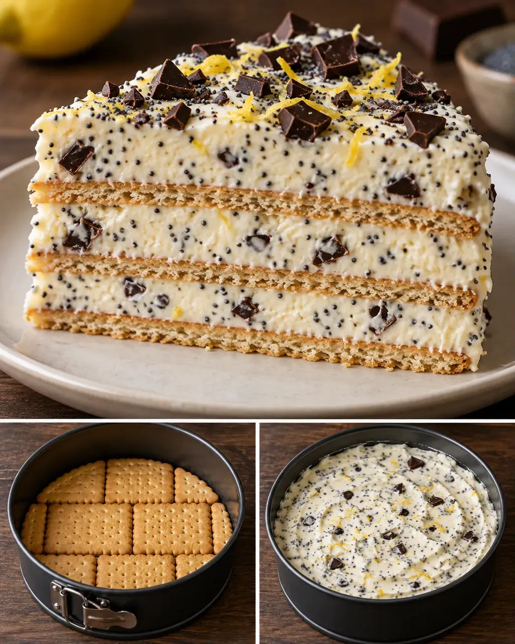 Torta fredda ai biscotti — limone, papavero, cioccolato fondente
