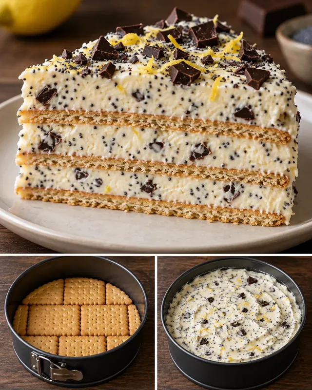 Torta fredda ai biscotti — limone, papavero, cioccolato fondente