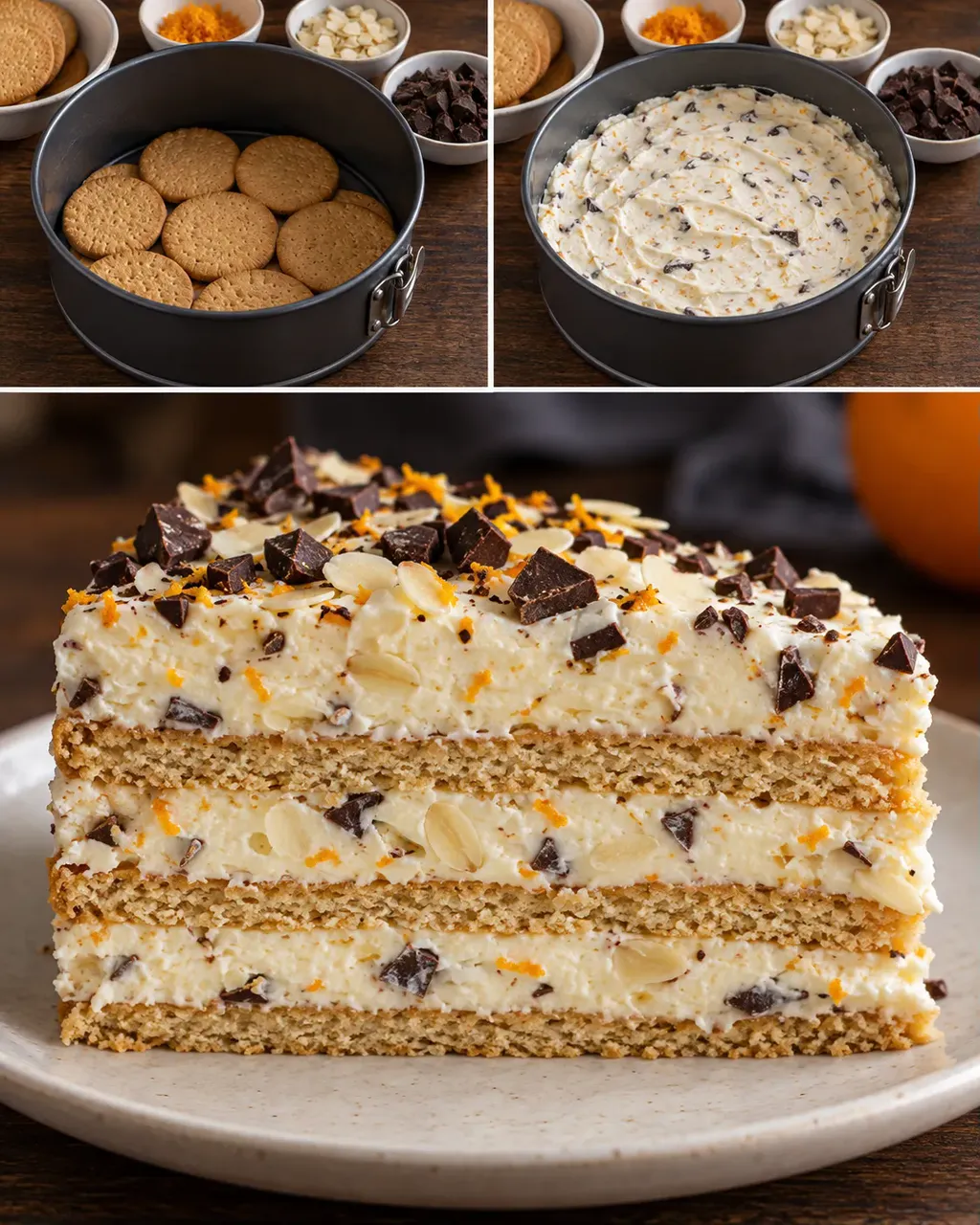 Torta fredda ai biscotti — arancia, mandorle, cioccolato fondente