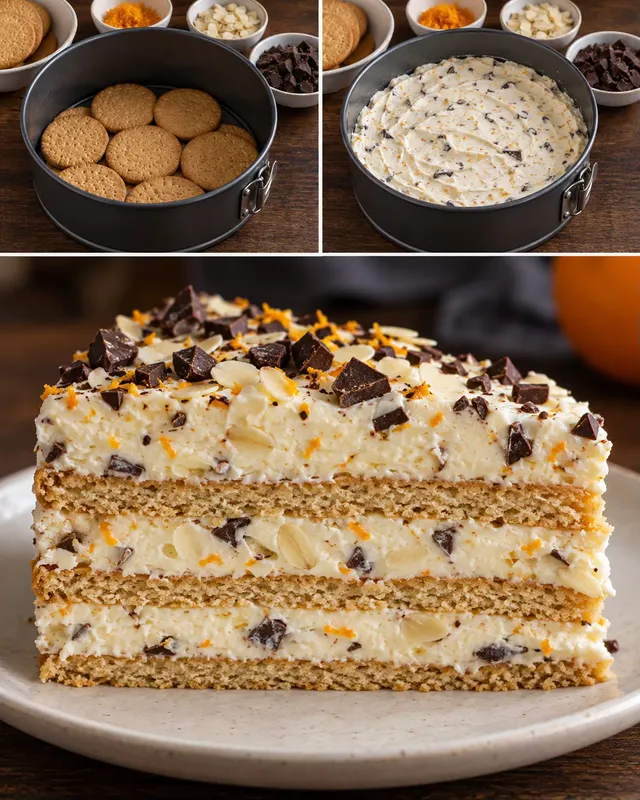 Torta fredda ai biscotti — arancia, mandorle, cioccolato fondente