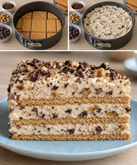Torta fredda ai biscotti — caffè, noci, cioccolato fondente
