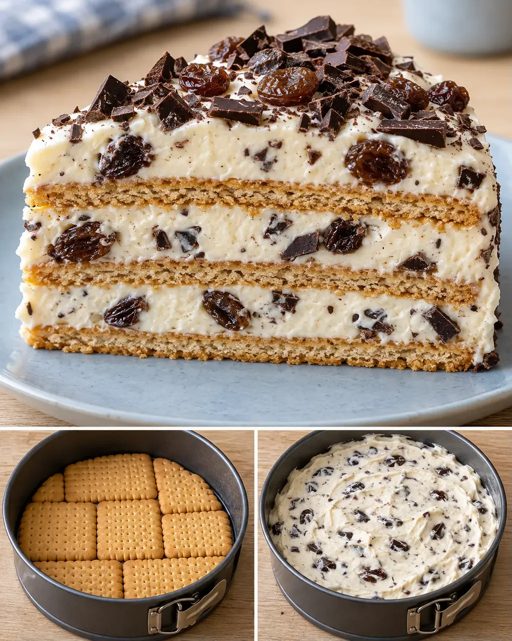 Torta fredda ai biscotti — uvetta, vaniglia, cioccolato fondente