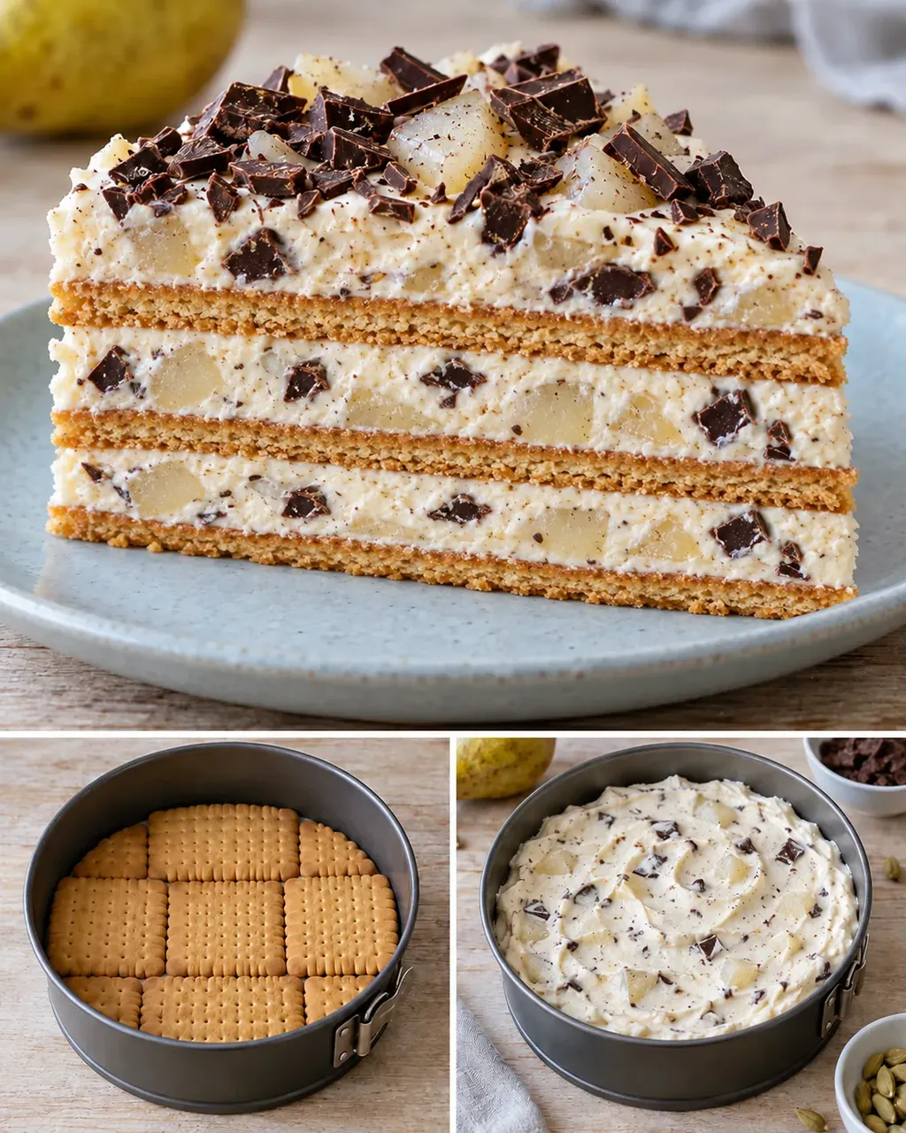 Torta fredda ai biscotti — pere, cardamomo, cioccolato fondente