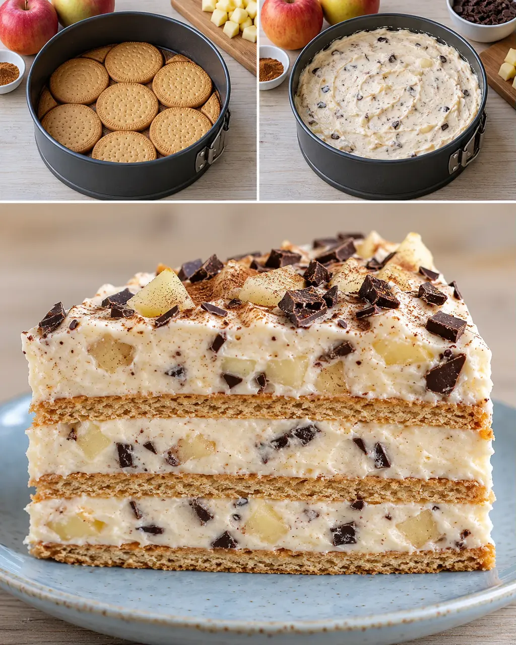 Torta fredda ai biscotti — mele, cannella, cioccolato fondente