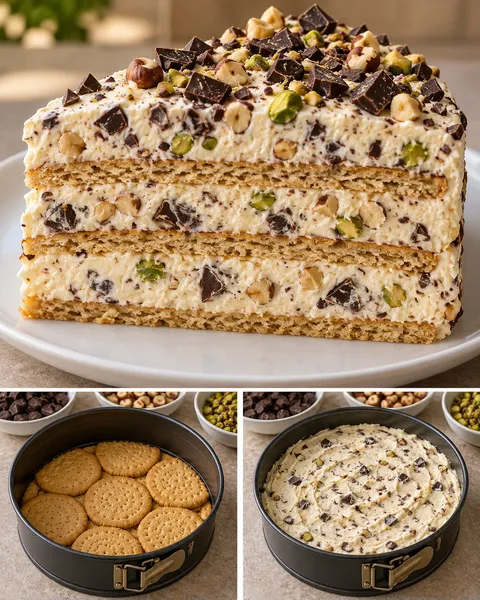 Torta fredda ai biscotti — cioccolato fondente, nocciole, pistacchi