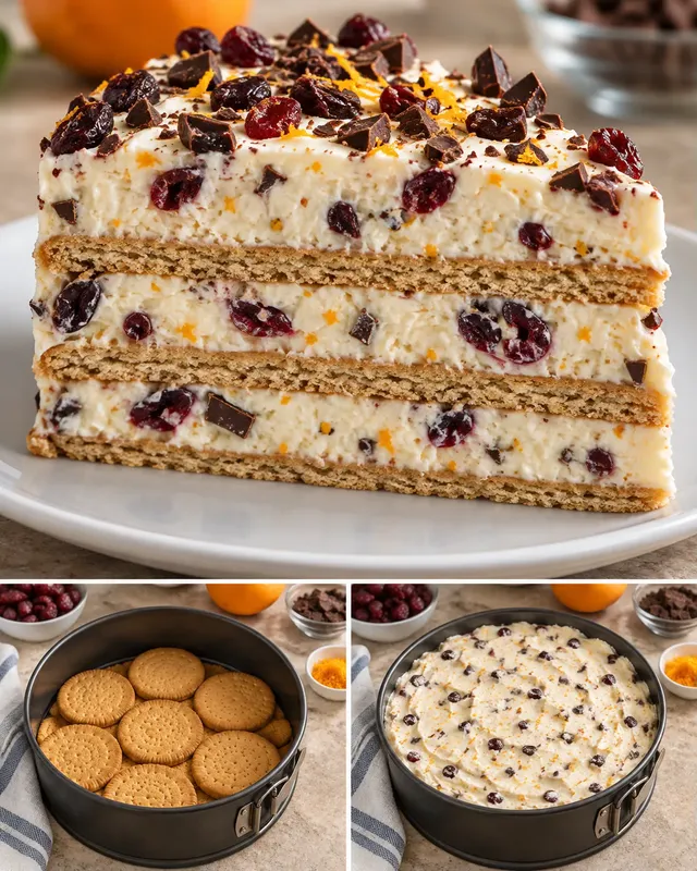 Torta fredda ai biscotti — mirtilli rossi, arancia, cioccolato fondente
