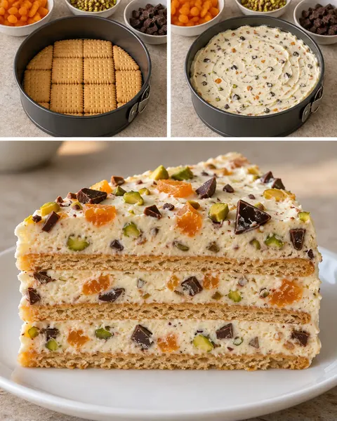 Torta fredda ai biscotti — albicocche secche, pistacchi, cioccolato fondente