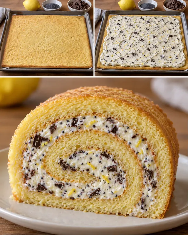 Rotolo di pan di Spagna — limone, papavero, cioccolato fondente