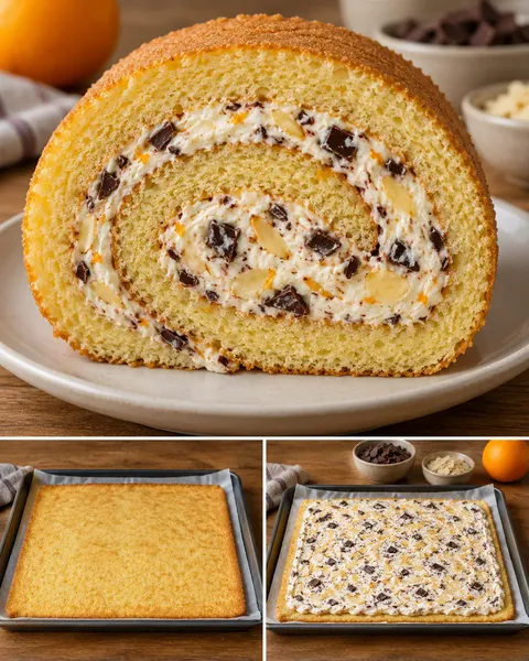 Rotolo di pan di Spagna — arancia, mandorle, cioccolato fondente
