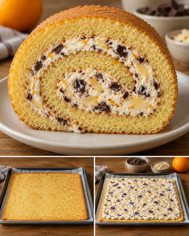 Rotolo di pan di Spagna — arancia, mandorle, cioccolato fondente
