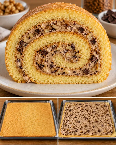Rotolo di pan di Spagna — caffè, noci, cioccolato fondente