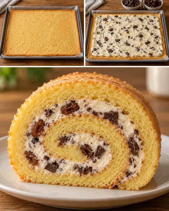 Rotolo di pan di Spagna — uvetta, vaniglia, cioccolato fondente