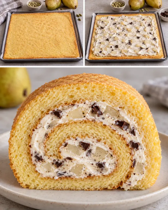 Rotolo di pan di Spagna — pere, cardamomo, cioccolato fondente