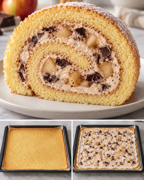 Rotolo di pan di Spagna — mele, cannella, cioccolato fondente