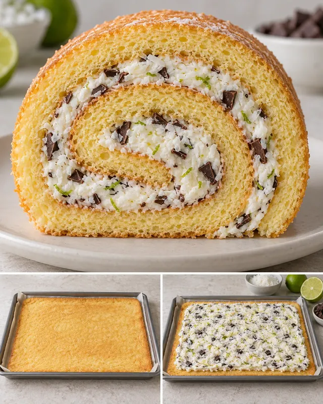 Rotolo di pan di Spagna — cocco, lime, cioccolato fondente