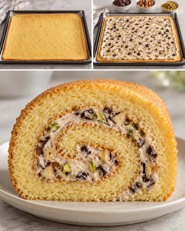 Rotolo di pan di Spagna — cioccolato fondente, nocciole, pistacchi