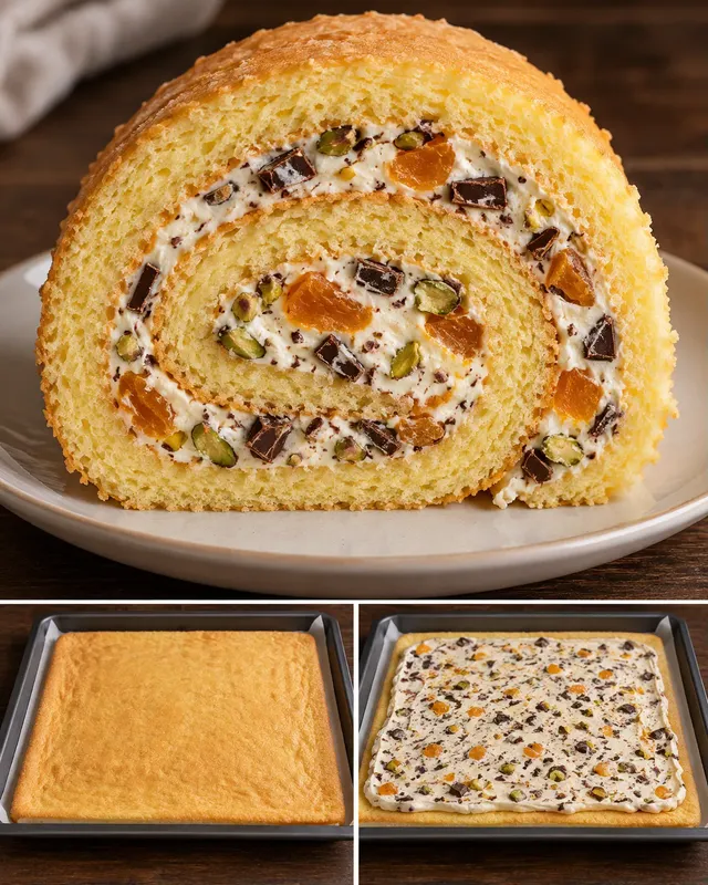 Rotolo di pan di Spagna — albicocche secche, pistacchi, cioccolato fondente