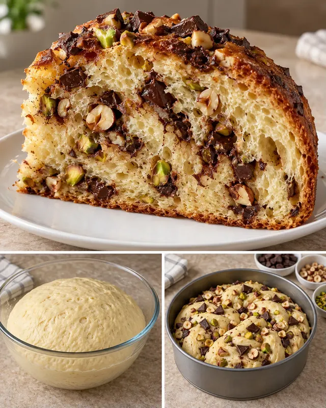 Dolce lievitato — cioccolato fondente, nocciole, pistacchi