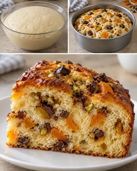 Dolce lievitato — albicocche secche, pistacchi, cioccolato fondente