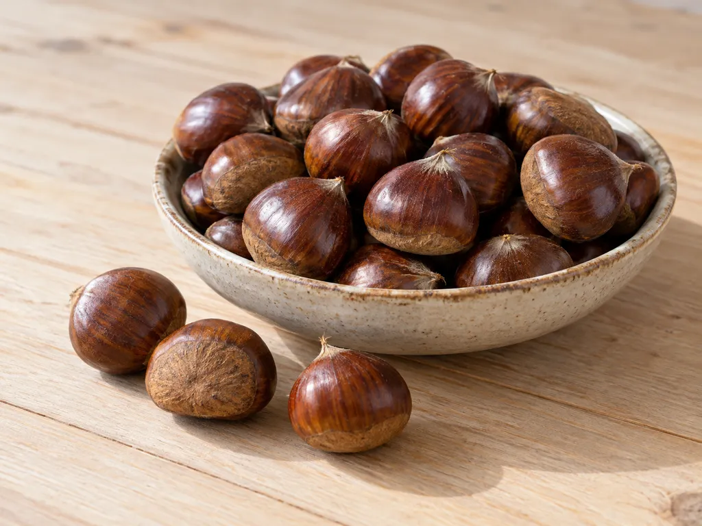 Castagne fresche con il guscio raccolte in una ciotola su un piano di legno