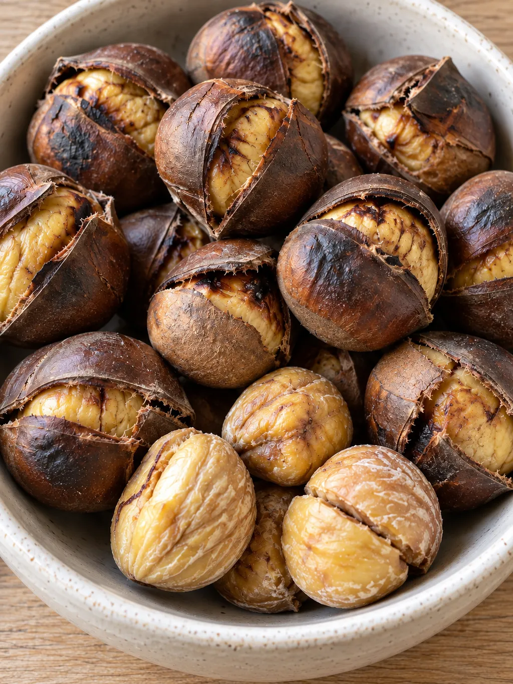 Caldarroste tostate e castagne sbucciate dalla polpa giallo crema