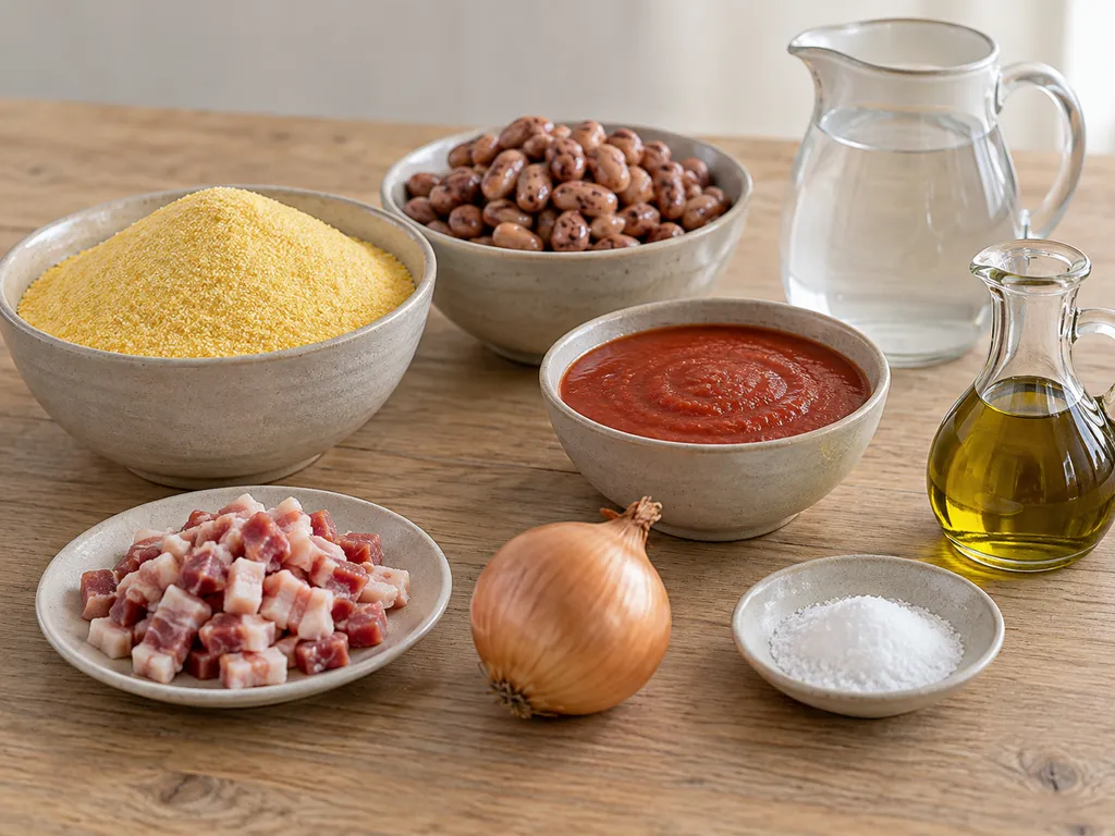 Farina di mais, borlotti, pancetta, cipolla e pomodoro per i calzagatti