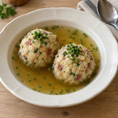Due canederli allo speck in brodo limpido con erba cipollina