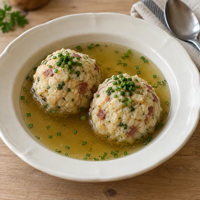 Due canederli allo speck in brodo limpido con erba cipollina
