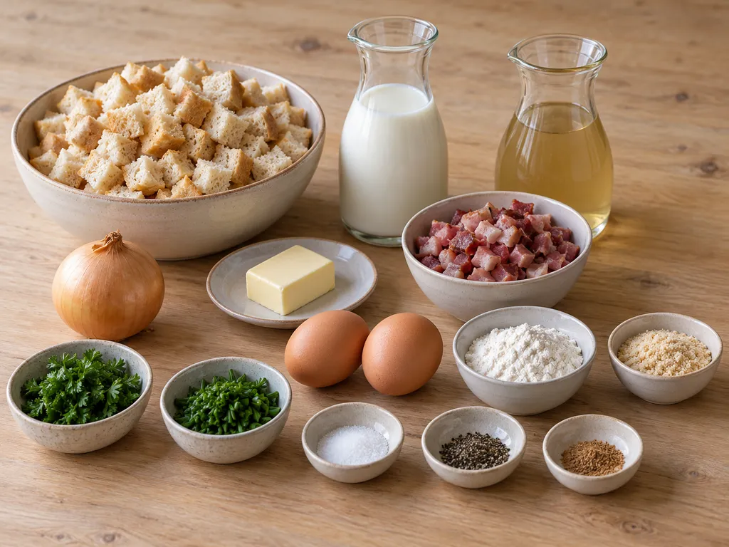 Pane raffermo, speck, latte, uova ed erbe per preparare i canederli