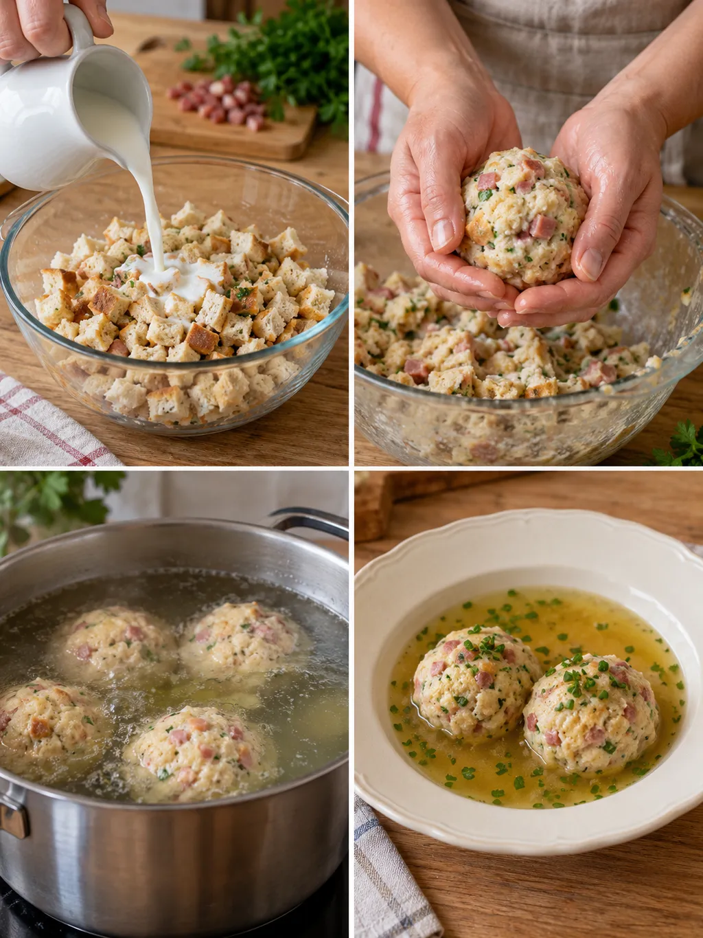 Pane ammollato, canederli modellati, cottura dolce e porzione in brodo