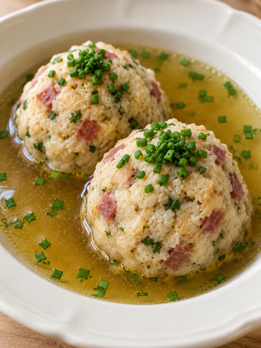 Canederli allo speck con dadini di pane ed erba cipollina nel brodo caldo