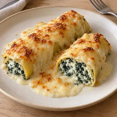 Cannelloni ricotta e spinaci con besciamella dorata e ripieno visibile