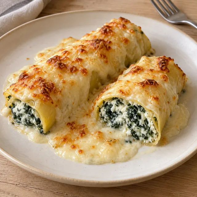 Cannelloni ricotta e spinaci con besciamella dorata e ripieno visibile