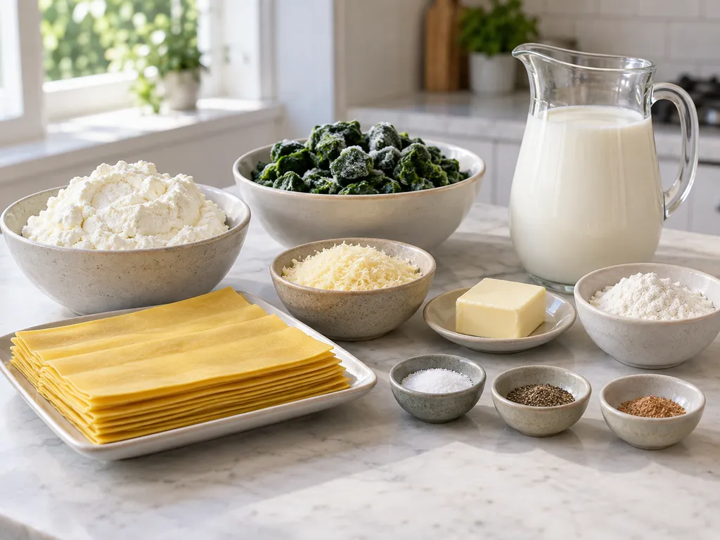 Sfoglia, ricotta, spinaci e ingredienti della besciamella separati in ciotole