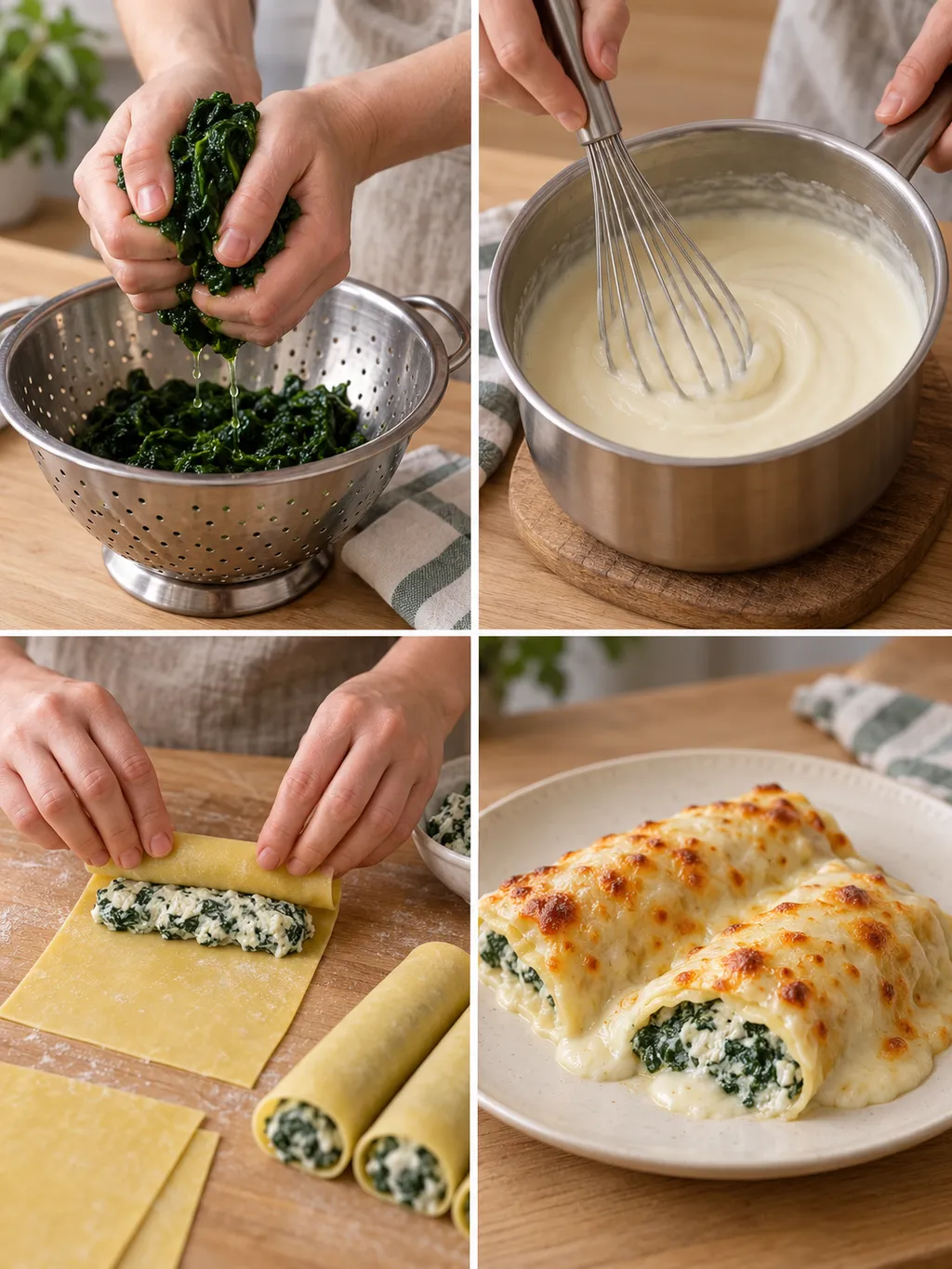 Spinaci strizzati, besciamella, cannelloni arrotolati e porzione gratinata