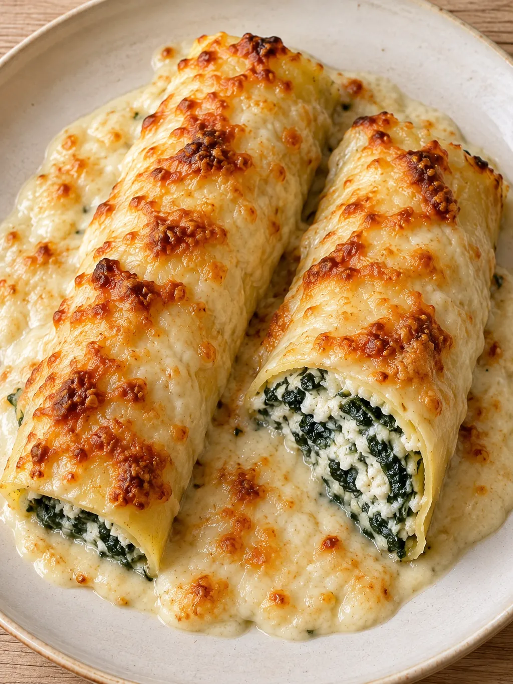 Cannelloni gratinati con besciamella e ripieno cremoso di ricotta e spinaci