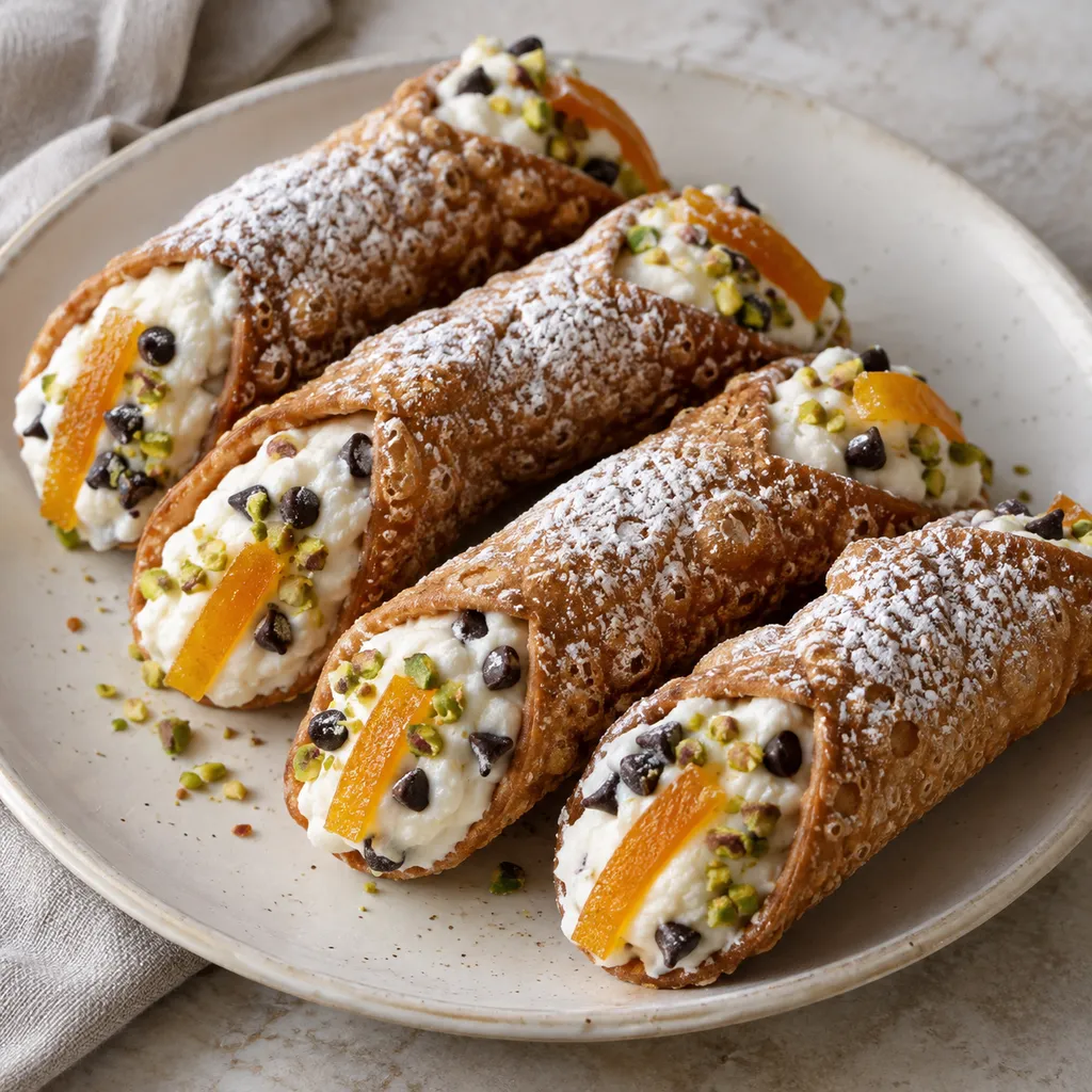 Cannoli siciliani con ricotta, cioccolato, pistacchio e arancia candita