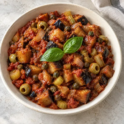 Caponata siciliana con melanzane dorate, olive verdi, sedano e basilico