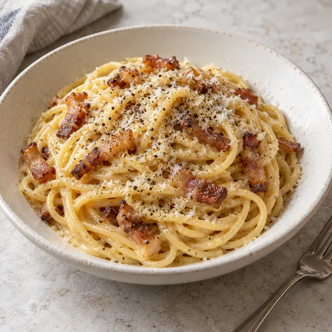 Carbonara romana con spaghetti cremosi, guanciale dorato, pecorino e pepe nero