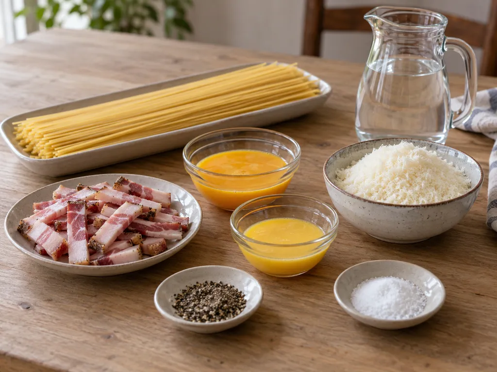 Spaghetti, guanciale, uova pastorizzate, pecorino, pepe e sale per la carbonara