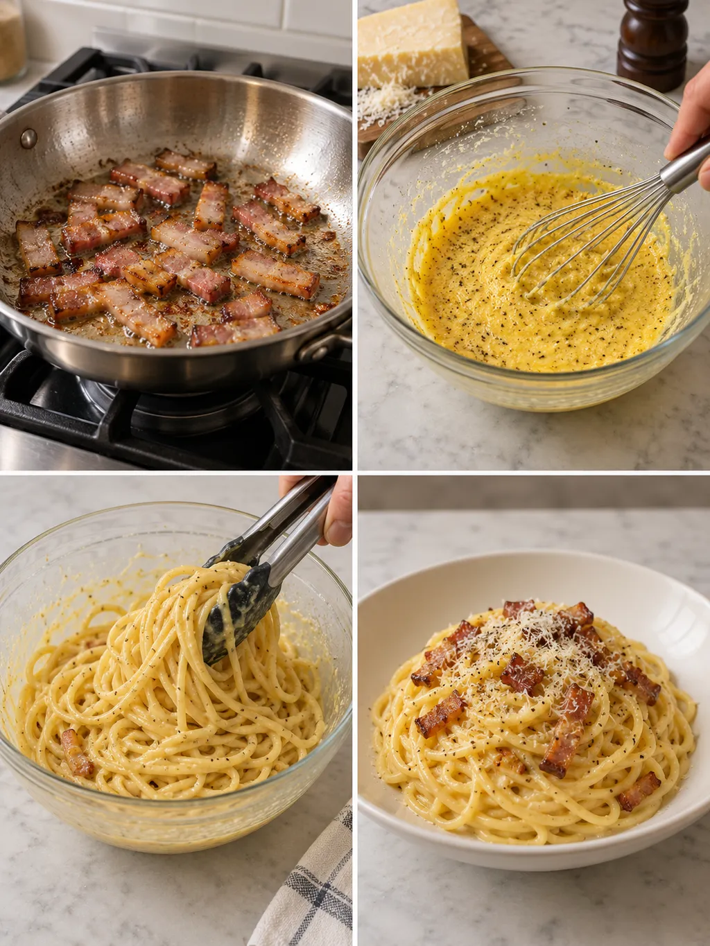 Rosolatura del guanciale, crema d'uovo, mantecatura e carbonara romana pronta