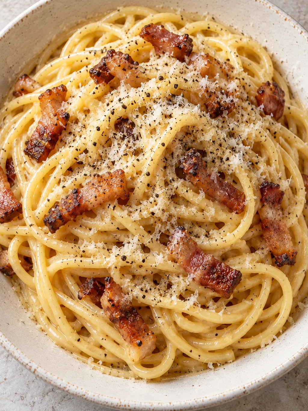 Spaghetti alla carbonara con crema di pecorino, guanciale croccante e pepe