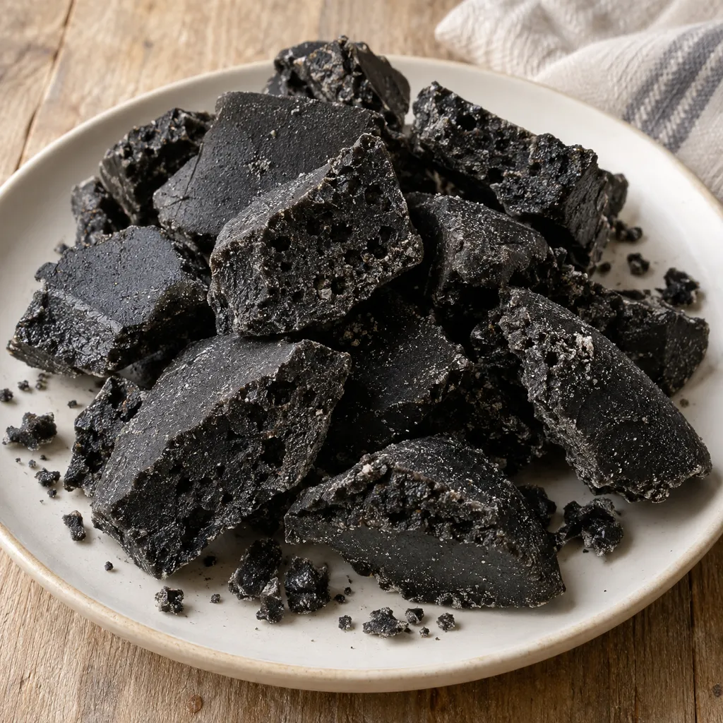 Carbone dolce della Befana nero e poroso, spezzato su un piatto color avorio