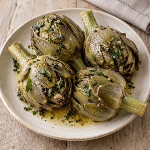 Carciofi alla romana interi con gambi teneri, mentuccia e fondo di cottura